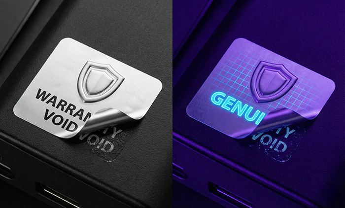 สติกเกอร์วอยด์รับประกันสีเงิน ทิ้งคราบเมื่อลอก และเรืองแสงเมื่อส่องไฟ UV (หมึกล่องหน)